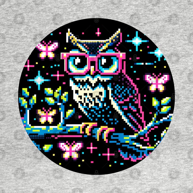 Cyberpunk Owl Art - Neon Nightscape Pixel Illustration by Pixel Punkster